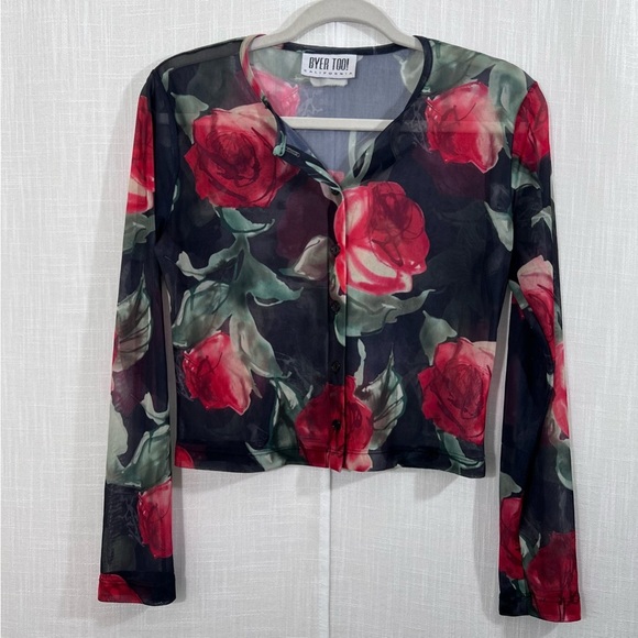Byer Too! Vintage Y2K 90’s Semi Sheer Button Front Floral Cropped Cardigan Sz M - Picture 1 of 9